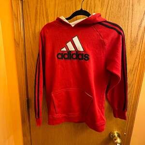 Adidas Youth Red Pullover Hoodie with Embroidered Logo and Triple Stripes